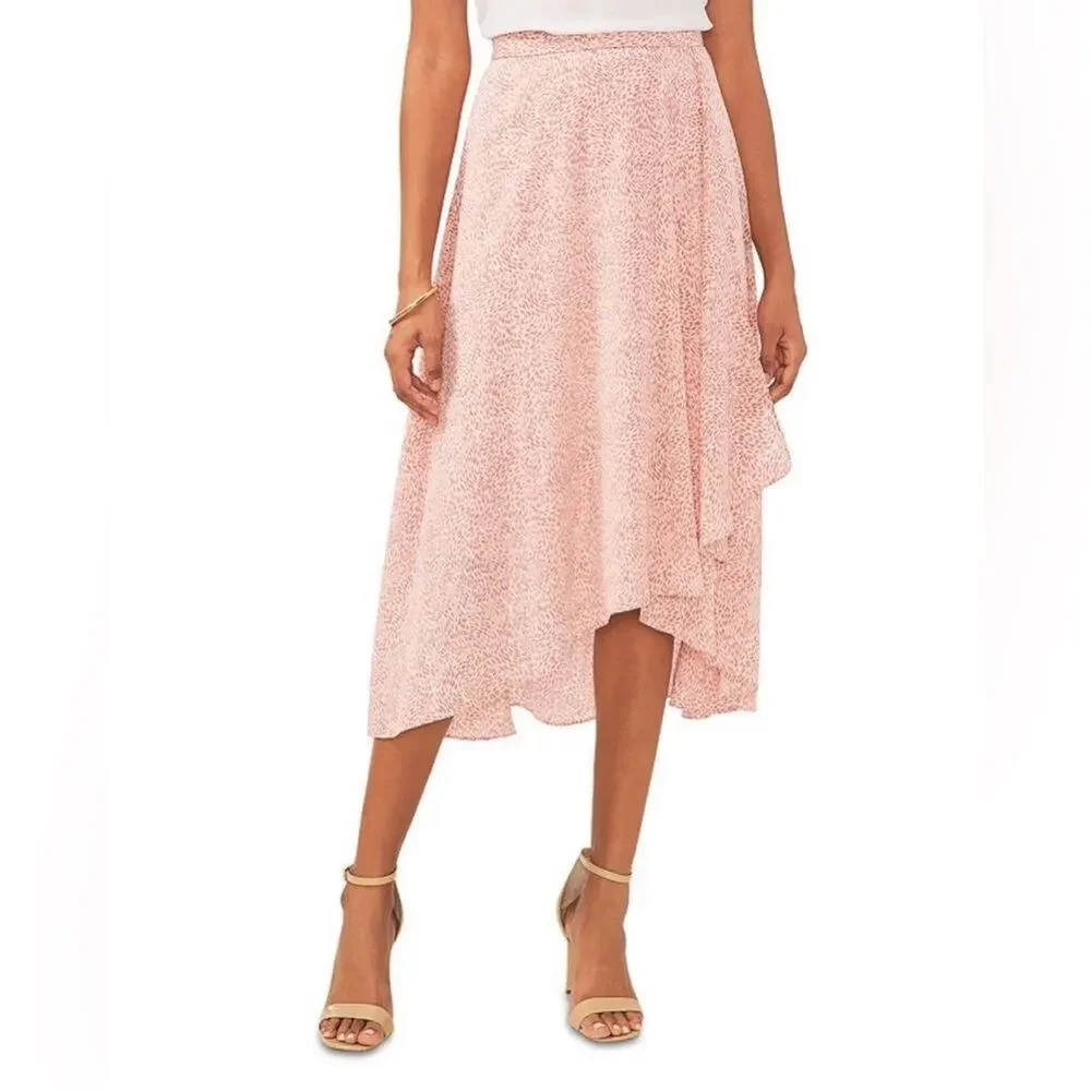 Vince Camuto Raining Dots Faux Wrap Woven Yoryu Midi Skirt Pink Orchid Size 6